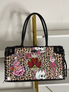 Ed Hardy Rhinestone Skull Leopard Tote